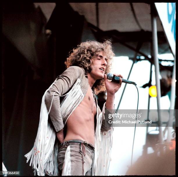 Roger Daltrey of The Who performs on stage at the Isle Of Wight Festival, August 1969.