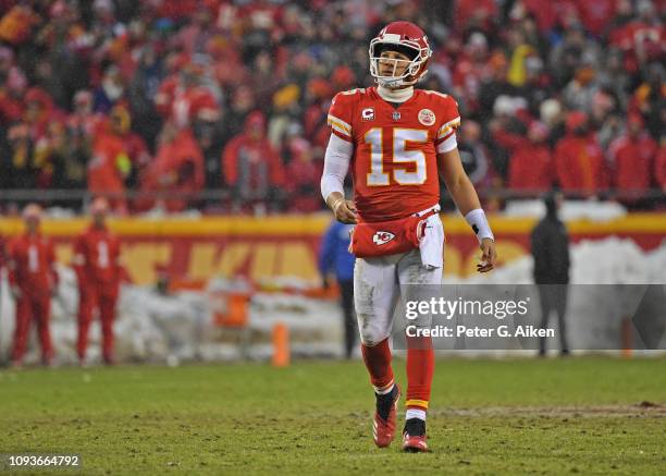 Quarterback Patrick Mahomes of the Kansas City Chiefs walks up field after a play against the Indianapolis Colts during the first half of the AFC...