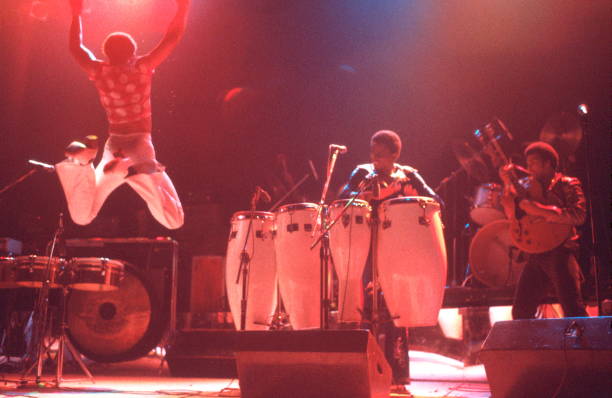 Earth Wind And Fire perform on stage, USA, 1977.