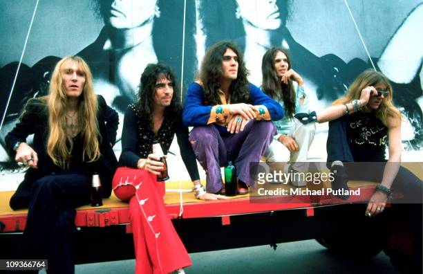 28th JUNE: Alice Cooper and his band, group portrait at chessington Zoo near London on 28th June 1972. Glen Buxton, Alice Cooper, Michael Bruce,...