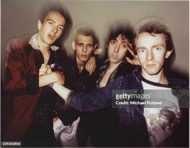 Group portrait of UK punk rock band The Clash, New York, September 1978, L-R Joe Strummer, Paul Simonon, Mick Jones, Nicky 'Topper' Headon.