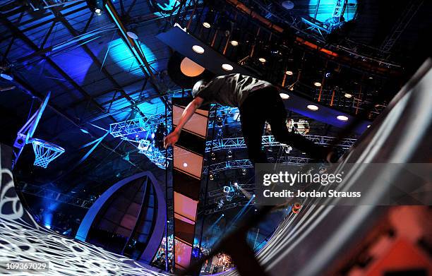 Pro skateboarder Chris Cole performs onstage at the Cartoon Network Hall of Game Awards held at The Barker Hanger on February 21, 2011 in Santa...