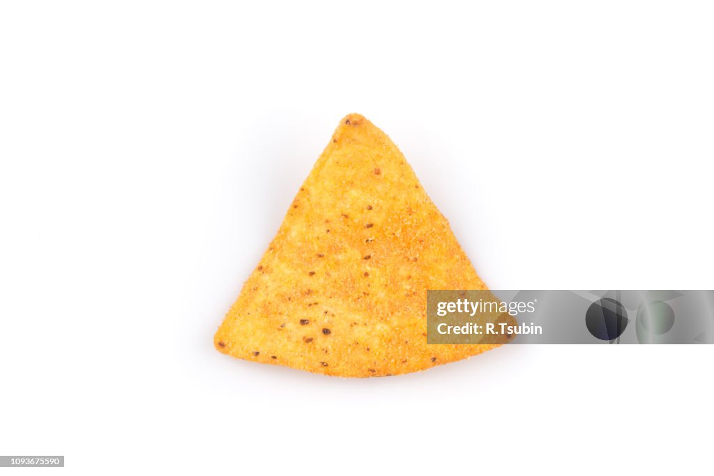 Mexican corn nachos chips, isolated on white background