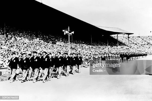 Sports delegation parade during the opening ceremony of the London 1948 Summer Olympic Games, on July 26, 1948 at Wembley stadium in London.