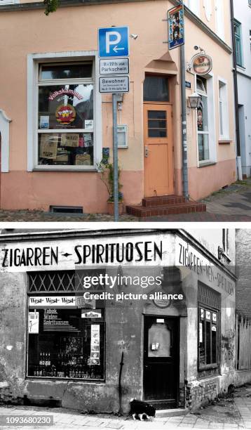 Die Bildkombo zeigt oben den Szenetreff "Volkskammer" am in der Altstadt von Wismar an der Ecke Breite Straße / Ziegenmarkt. Aus der einstigen...