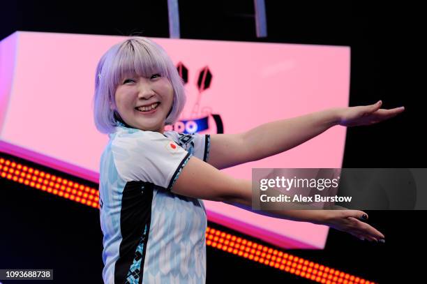 Lakeside Professional Ladies Champion 2019, Mikuru Suzuki of Japan, performs a dance as she is presented to the crowd during Day Nine of the BDO...