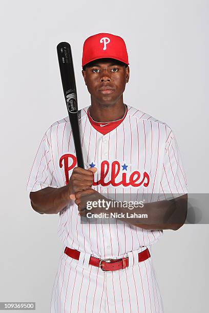 John Mayberry, Jr. #15 of the Philadelphia Phillies poses for a photo during Spring Training Media Photo Day at Bright House Networks Field on...