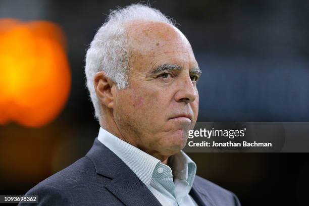 Jeffrey Lurie owner of the Philadelphia Eagles reacts before the NFC Divisional Playoff against the New Orleans Saints at the Mercedes Benz Superdome...