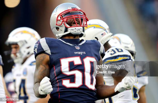 Ramon Humber of the New England Patriots reacts during the fourth quarter in the AFC Divisional Playoff Game against the Los Angeles Chargers at...