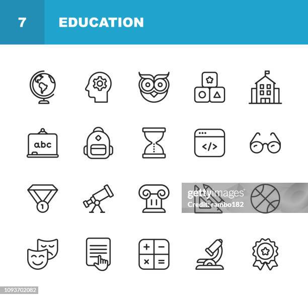 bildung zeile symbole. editierbare schlaganfall. pixel perfect. für mobile und web. enthält ikonen wie schule, programmierung, award, sport, frühkindliche bildung. - akademisches lernen stock-grafiken, -clipart, -cartoons und -symbole