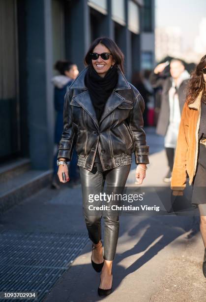 Viviana Volpicella wearing black leather pants and leather jacket is seen outside MSGM during Milan Menswear Fashion Week Autumn/Winter 2019/20 on...