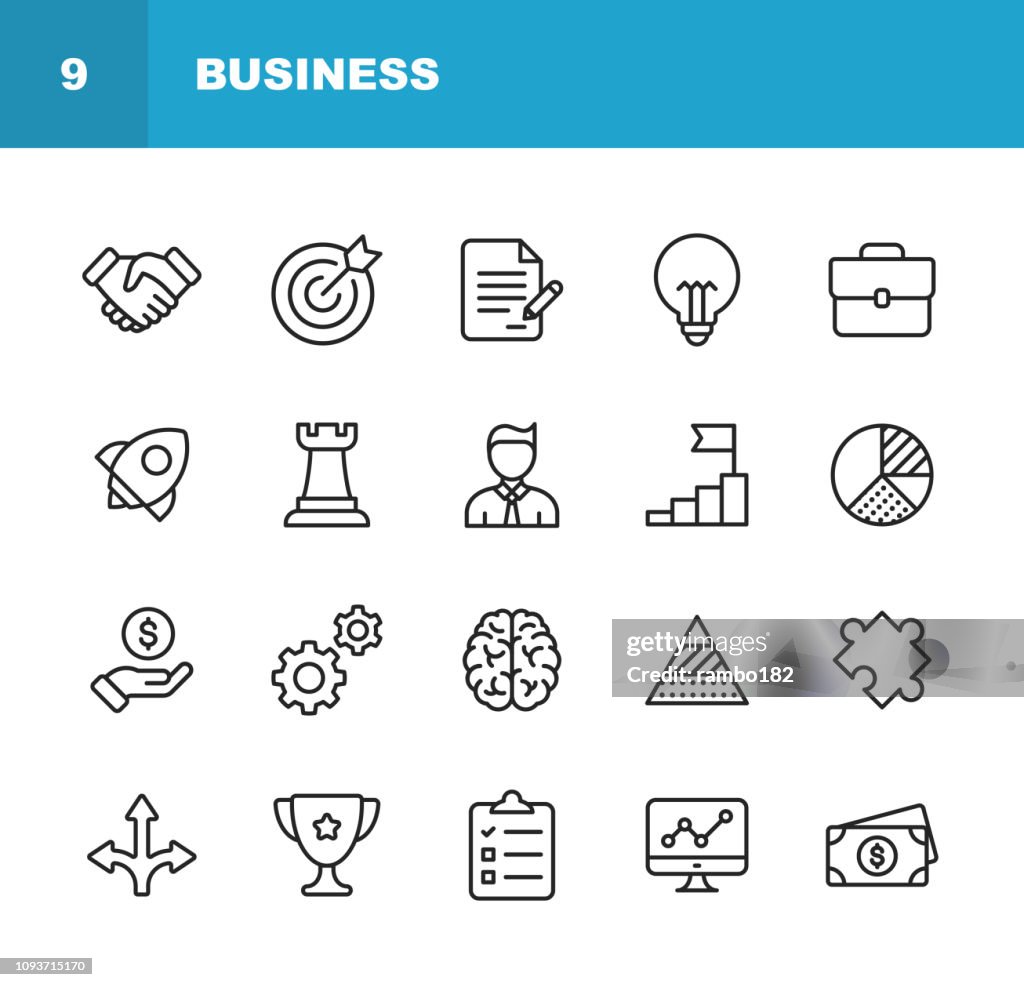 Business Line Icons. Editierbare Schlaganfall. Pixel Perfect. Für Mobile und Web. Enthält solche Symbole als Handshake, Ziel, Vereinbarung, Inspiration, Startup.