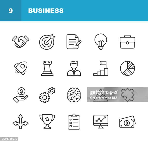 illustrations, cliparts, dessins animés et icônes de business line icônes. modifiables en course. pixel perfect. pour web et mobile. contient des icônes comme objectif cible, accord, inspiration, poignée de main, démarrage. - porte documents