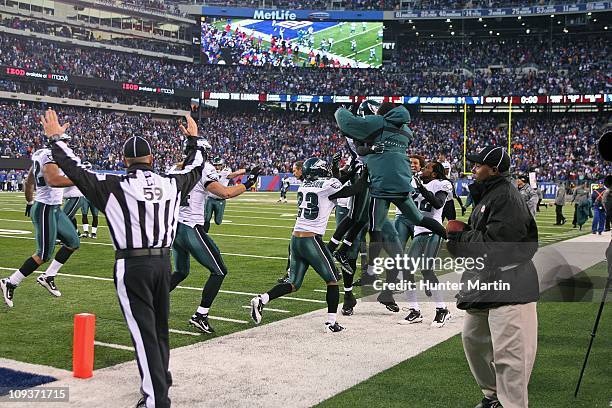 Wide receiver DeSean Jackson of the Philadelphia Eagles is mobbed by teammates after returning a punt for a game winning touchdown on the final play...