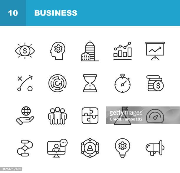 business line icons. editierbare schlaganfall. pixel perfect. für mobile und web. ikonen wie business-vision, hauptsitz, geschäftsstrategie, weltwirtschaft, netzwerk enthält. - strategy stock-grafiken, -clipart, -cartoons und -symbole