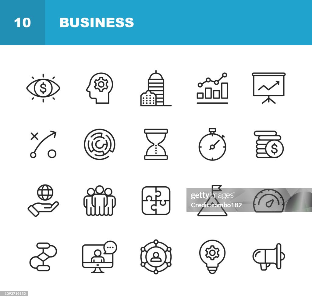 Business Line Icons. Editable Stroke. Pixel Perfect. For Mobile and Web. Contains such icons as Business Vision, Headquarters, Business Strategy, Global Economy, Network.