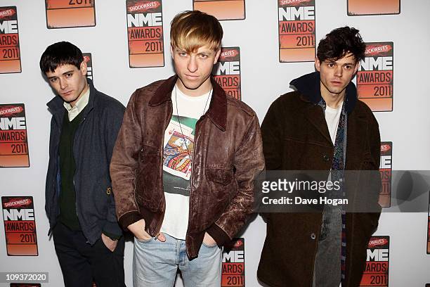 Connor Hanwick, Jonathon Pierce and Adam Kessler of The Drums attend the Shockwaves NME Awards 2011 held at Brixton Academy on February 23, 2011 in...