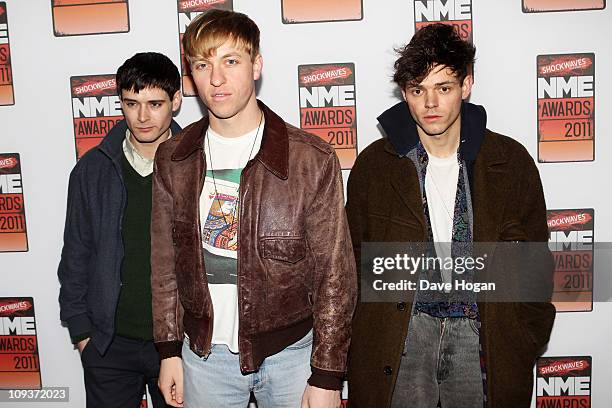 Connor Hanwick, Jonathon Pierce and Adam Kessler of The Drums attend the Shockwaves NME Awards 2011 held at Brixton Academy on February 23, 2011 in...