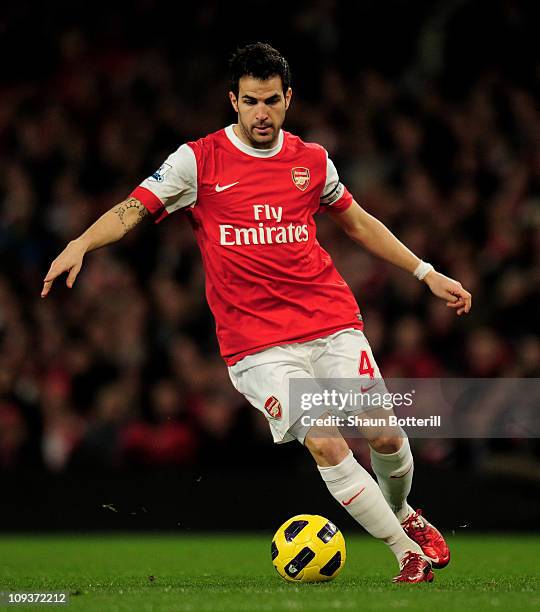 Cesc Fabregas of Arsenal in action during the Barclays Premier League match between Arsenal and Stoke City at the Emirates Stadium on February 23,...