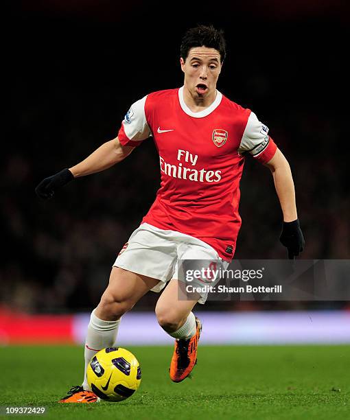 Samir Nasri of Arsenal in action during the Barclays Premier League match between Arsenal and Stoke City at the Emirates Stadium on February 23, 2011...