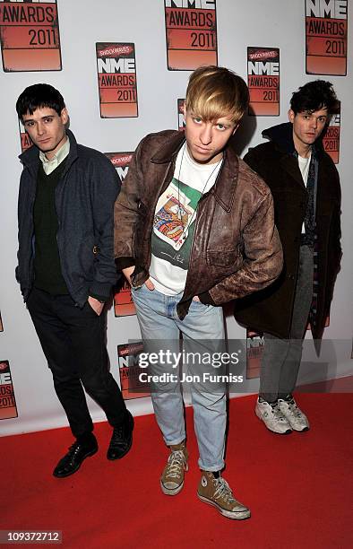 Connor Hanwick, Jonathon Pierce and Adam Kessler of The Drums arrives for the NME Awards 2011 at Brixton Academy on February 23, 2011 in London,...