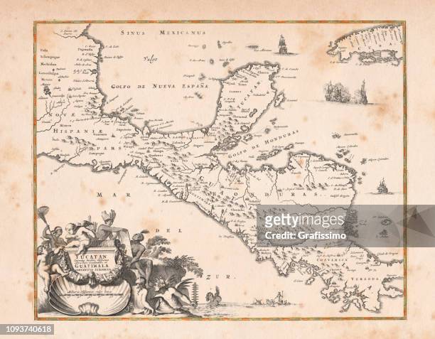 antique map of honduras yucatan and mexico 1671 - central america stock illustrations
