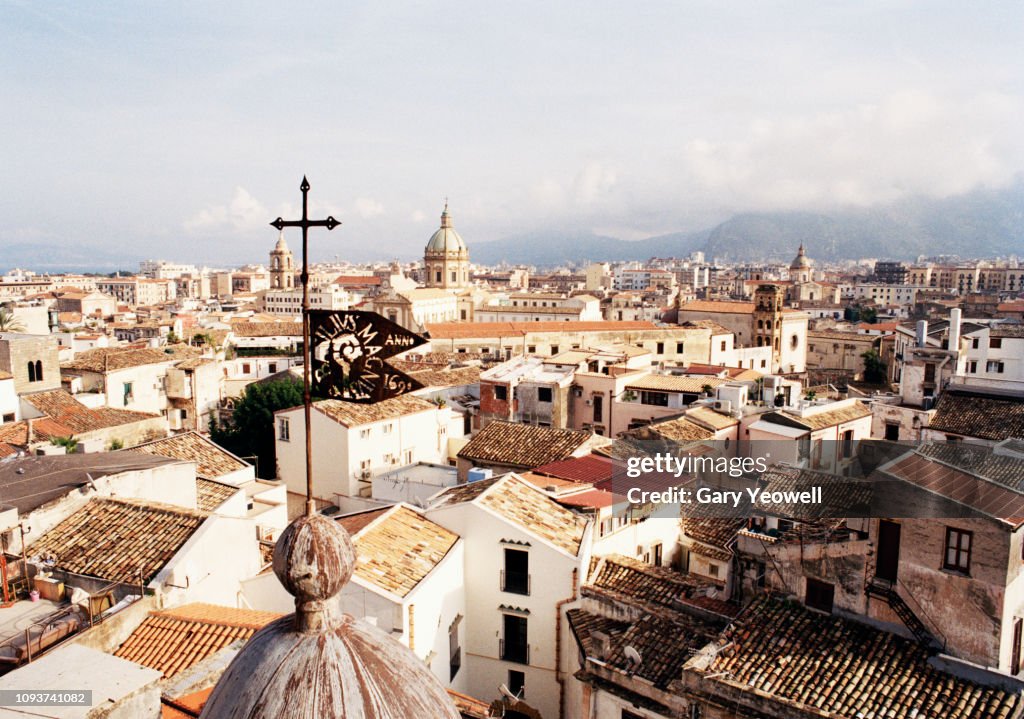 Elevated view over tiled rooftops of Palermo