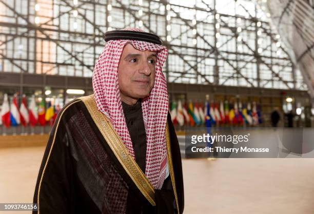 Saudi Minister of Foreign Affairs Adel bin Ahmed Al-Jubeir is talking to media at the end of an EU - Arab League ministerial meeting at the Europa...
