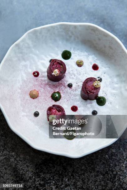 Beetroot rolls with haddock, recipe by Alan Geaam, chef at the Alan Geamm Restaurant, using a Blanc de Blancs by Nicolas Feuillatte, Vintage...