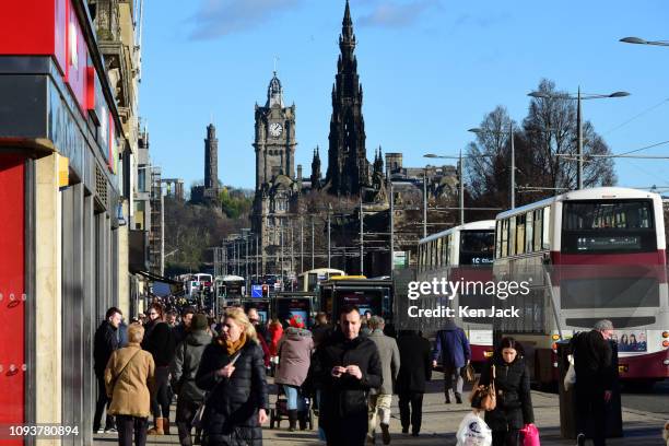 Princes Street sparkles in the sun as freezing temperatures give way to milder weather on February 4, 2019 in Edinburgh, Scotland.