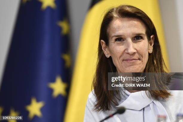 Minister of Budget Sophie Wilmes pictured during a press conference following a Minister's council meeting of the Federal Government, in Brussels,...