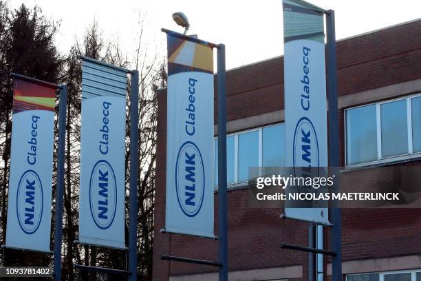 Illustration picture shows the NLMK logo on flags, in front of the headquarters, of the NLMK plant in Clabecq, Friday 01 February 2019. The...