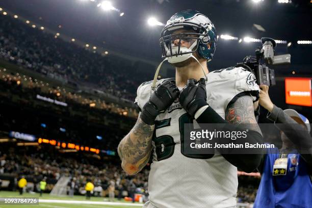 Chris Long of the Philadelphia Eagles reacts after his teams loss to the New Orleans Saints in the NFC Divisional Playoff Game at Mercedes Benz...