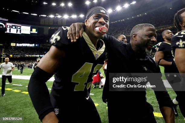 Marcus Williams of the New Orleans Saints reacts after his teams win over the Philadelphia Eagles in the NFC Divisional Playoff Game at Mercedes Benz...