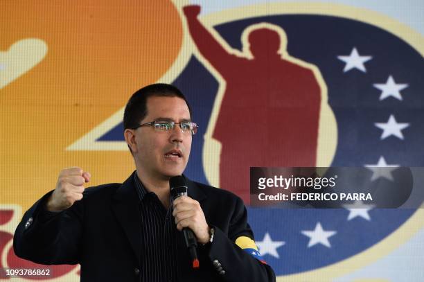 Venezuela's Foreign Minister Jorge Arreaza delivers a speech during a commemoration for the "27th Anniversary of the Military Rebellion of the 4FEB92...