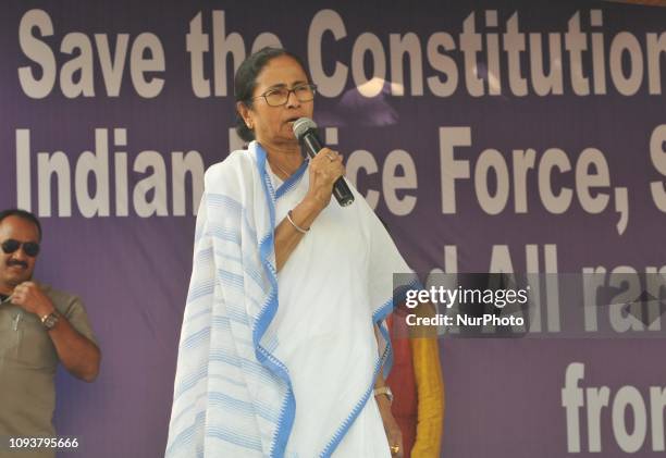 West Bengal Chief Minister Mamata Banerjee at the 2nd day Dharna during the protest against BJP Narendra Modi Government on February 04,2019 in...