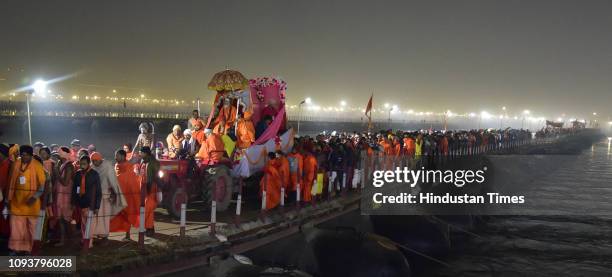 Procession of Maha Nirwani Akhada during Shahi Snan in Kumbh Mela festival on February 4, 2019 in Prayagraj, India. On the occasion of Mauni Amavasya...