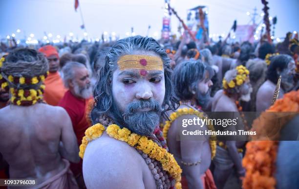 Naga Sanyasi of Niranjani Akhada during Shahi Snan in Kumbh Mela festival on February 4, 2019 in Prayagraj, India. On the occasion of Mauni Amavasya...