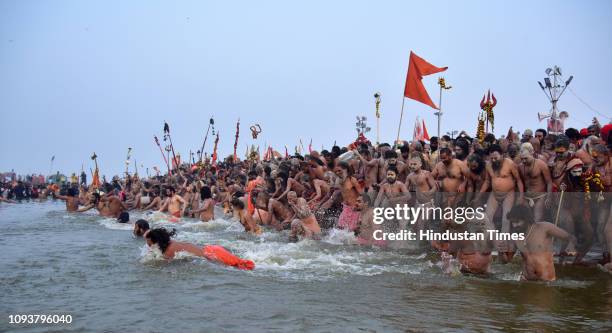 Naga Sanyasi of Niranjani Akhada during Shahi Snan in Kumbh Mela festival on February 4, 2019 in Prayagraj, India. On the occasion of Mauni Amavasya...