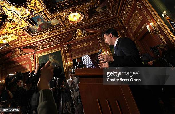 Wisconsin Governor Scott Walker speaks to the press outside his office at the Wisconsin State Capitol on February 23, 2011 in Madison, Wisconsin....