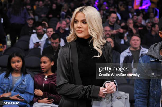 Khloe Kardashian attends a basketball game between the Los Angeles Lakers and the Cleveland Cavaliers at Staples Center on January 13, 2019 in Los...