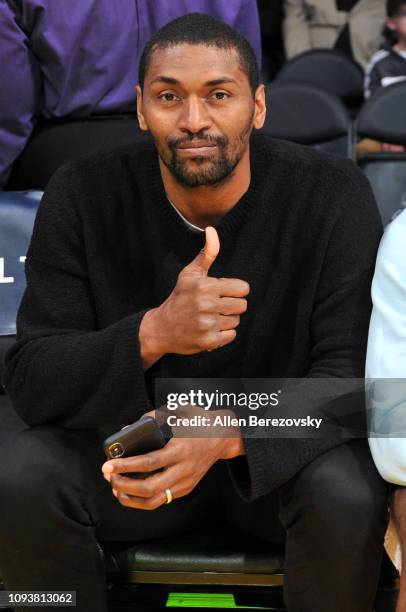 Metta World Peace attends a basketball game between the Los Angeles Lakers and the Cleveland Cavaliers at Staples Center on January 13, 2019 in Los...