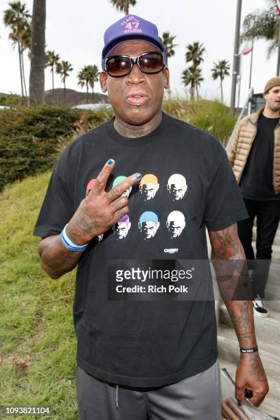 Dennis Rodman attends a charity softball game to benefit "California Strong" at Pepperdine University on January 13, 2019 in Malibu, California.