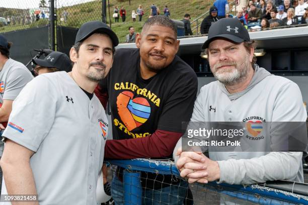 Brad Paisley, Omar Benson Miller and Rainn Wilson attend a charity softball game to benefit "California Strong" at Pepperdine University on January...