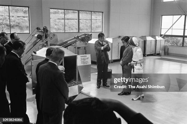 Crown Prince Akihito and Crown Princess Michiko visit the Saga Prefecture Agriculture Research Center on September 20, 1976 in Ureshino, Saga, Japan.