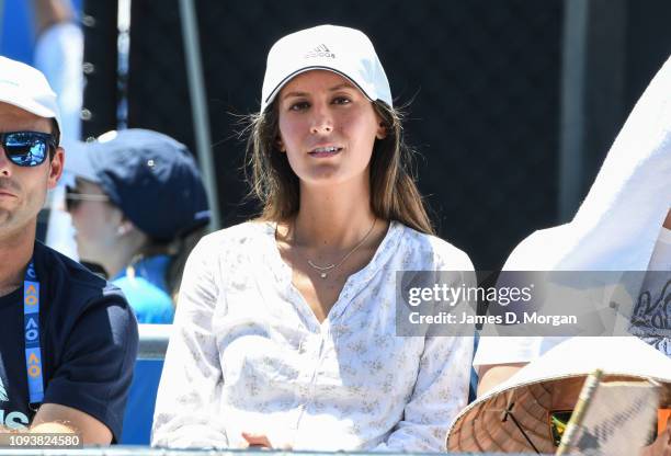 Ana Boyer, wife of Spain's Fernando Verdasco watches her husband play his first round match at the 2019 Australian Open at Melbourne Park on January...