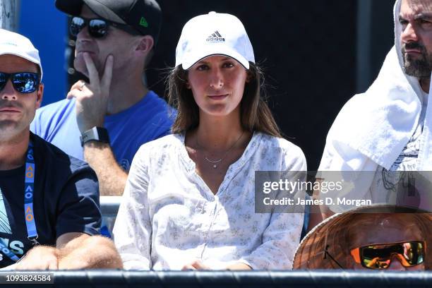 Ana Boyer, wife of Spain's Fernando Verdasco watches her husband play his first round match at the 2019 Australian Open at Melbourne Park on January...