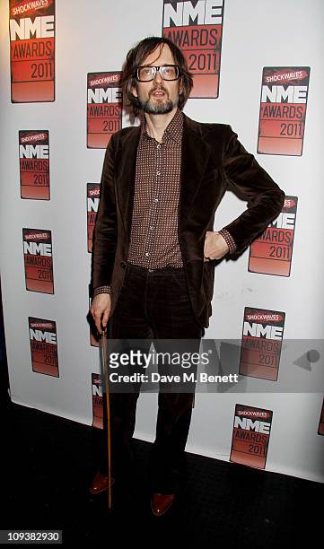 Musician Jarvis Cocker poses against the Shockwaves NME Awards 2011 winners boards at Brixton Academy on February 23, 2011 in London, England.