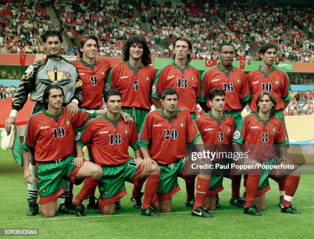 Portugal line up for a group photo before the UEFA Euro 1996 Group D match between Portugal and Turkey at the City Ground on June 14, 1996 in...