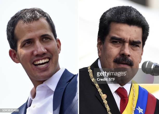This combination of pictures created on February 4, 2019 shows Venezuelan opposition leader Juan Guaido smiling during a gathering with supporters in...